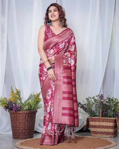 Graceful Maroon Floral Banarasi Silk Saree with Tassels