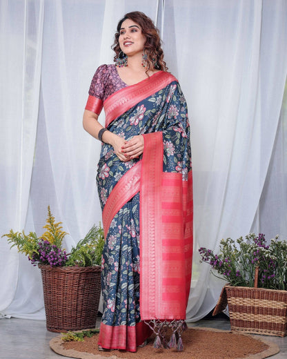 Regal Navy Blue and Pink Floral Banarasi Silk Saree with Tassels