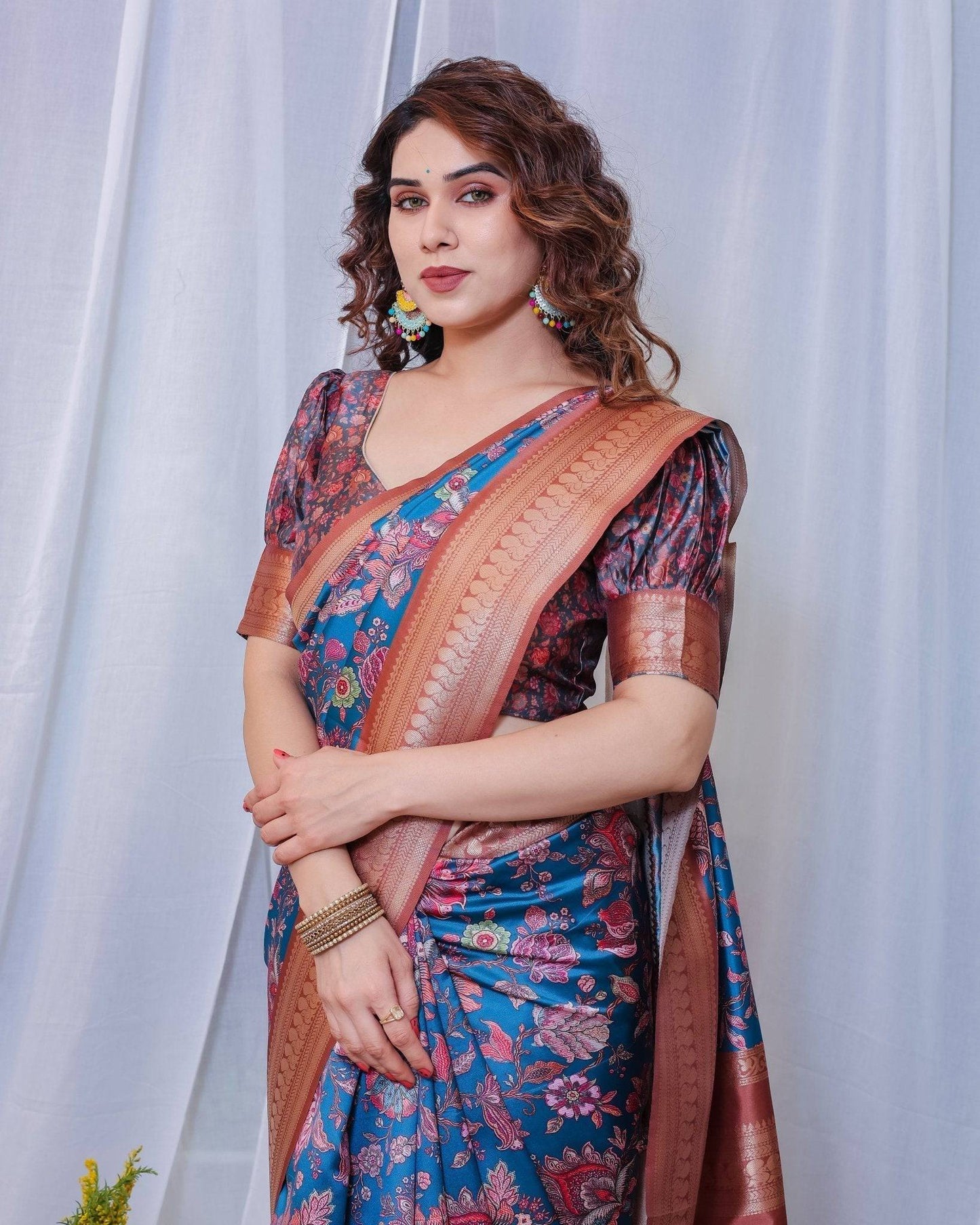 Regal Blue and Copper Zari Digital Print Silk Saree with Tassels