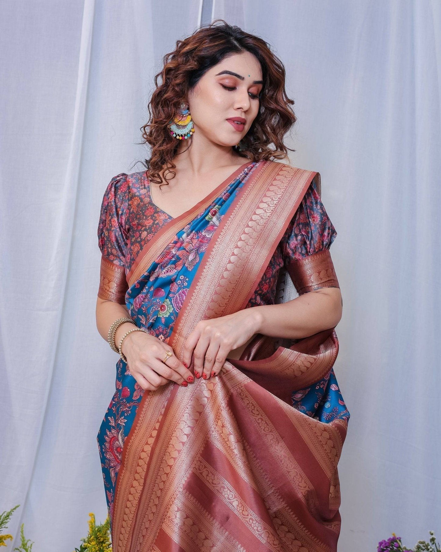 Regal Blue and Copper Zari Digital Print Silk Saree with Tassels