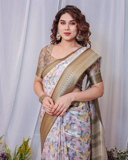 Sophisticated White and Olive Floral Digital Print Silk Saree with Zari Tassels