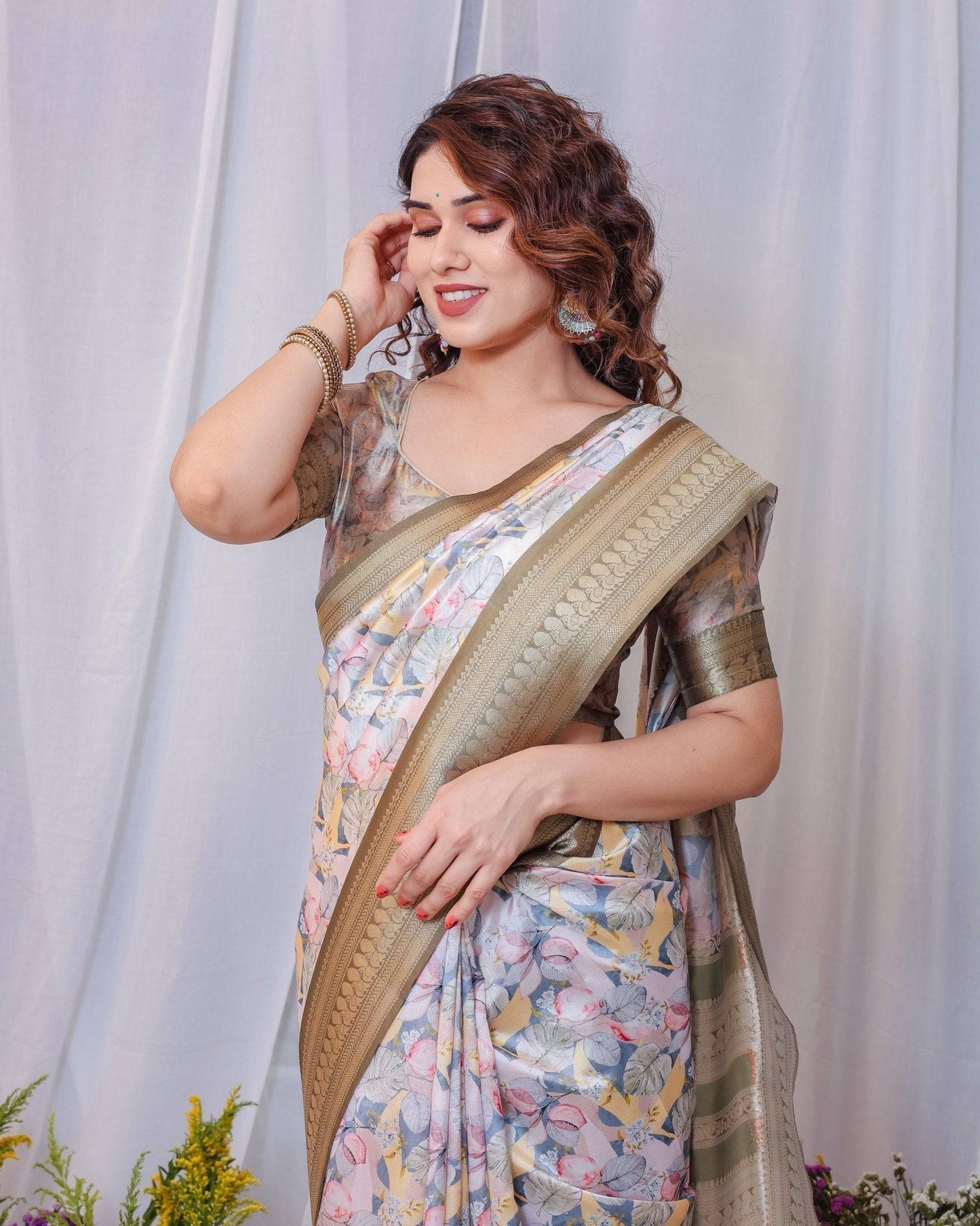 Sophisticated White and Olive Floral Digital Print Silk Saree with Zari Tassels