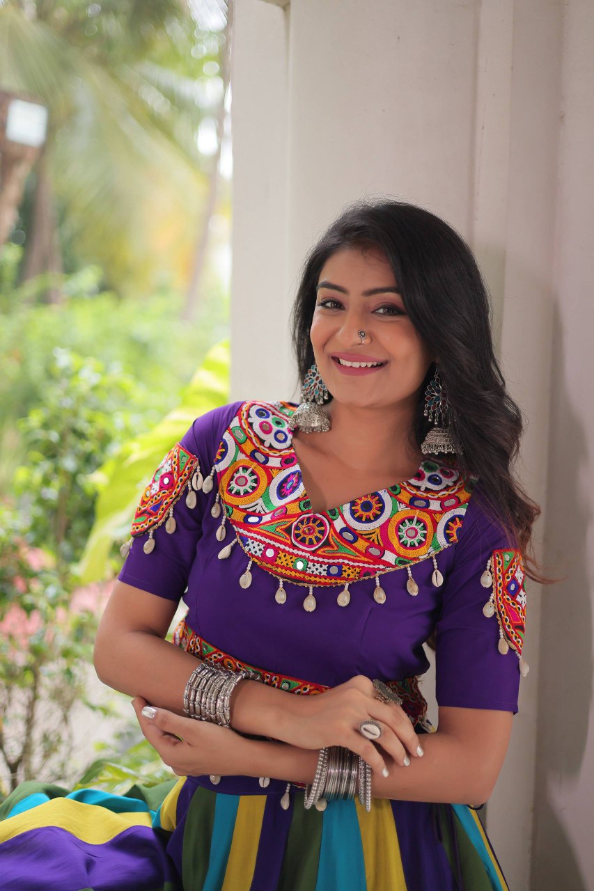 Designer V-Neck Blouse with Dori & Mirror Detailing