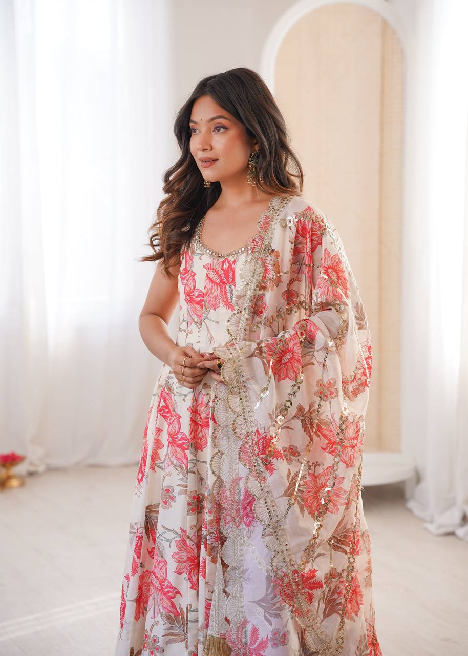 Pure muslin floral print gown for women
