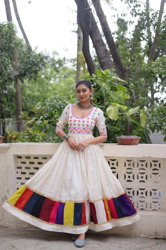 Designer Navratri gown with multicolor thread work and gota lace – festive wear for women