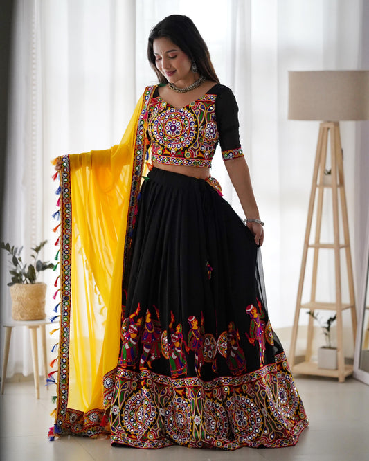 Semi-Stitched Mirror Work Lehenga Choli in Faux Georgette