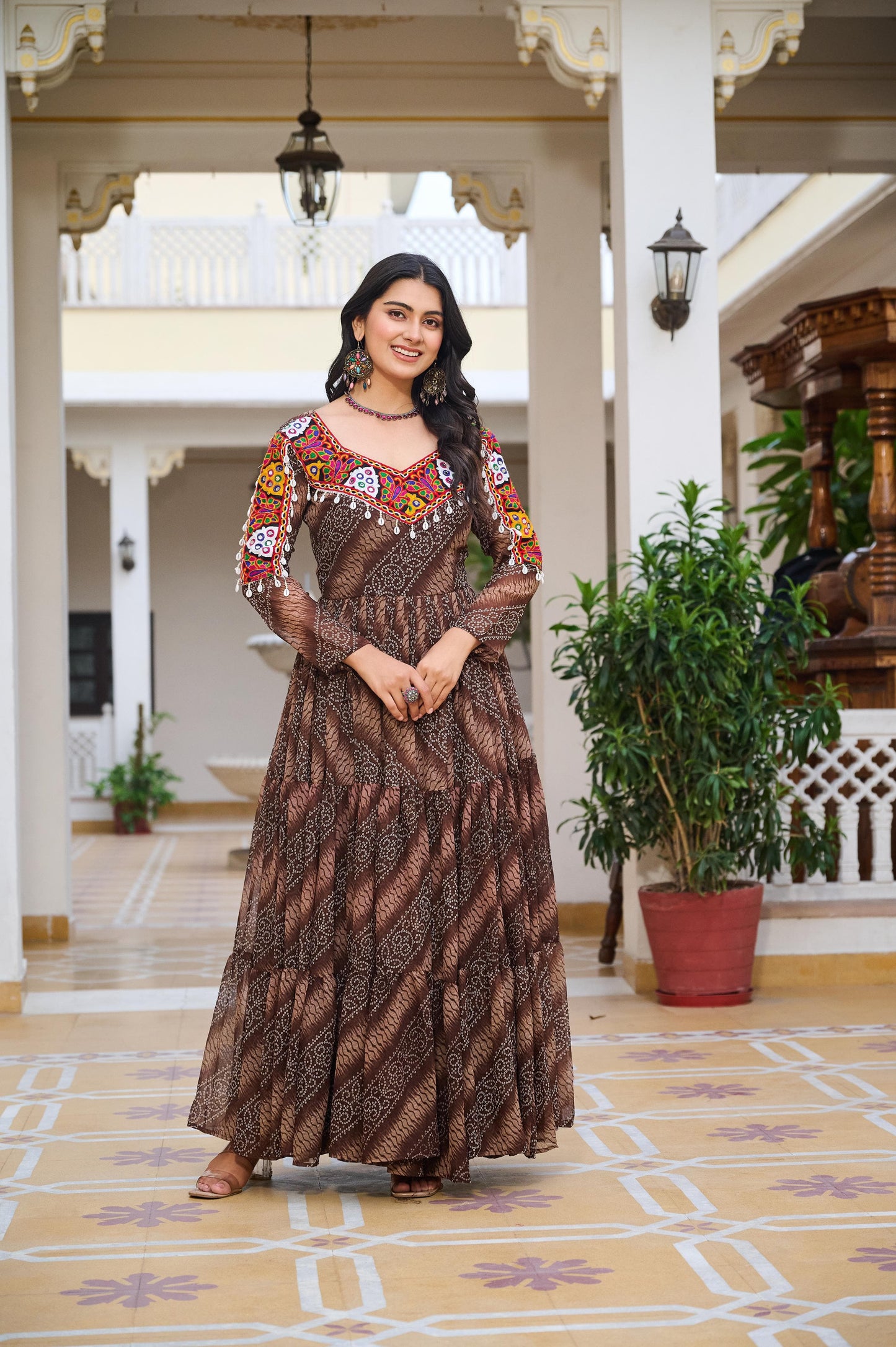 Gamathi Work Gown for Navratri with Real Mirror and Bandhani Print