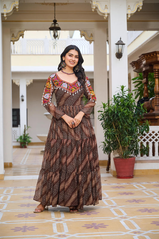 Gamathi Work Gown for Navratri with Real Mirror and Bandhani Print