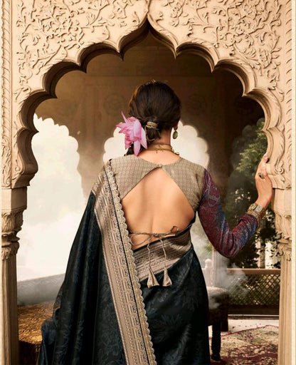 Back view of Kalaya Silk Banarasi Saree with heavy pallu