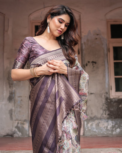 Pure Banarasi Digitally Printed Silk Saree Weaved With Zari Comes With Tassels - Almaari Fashion