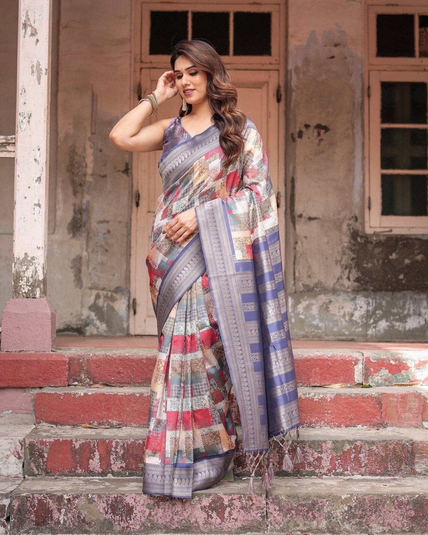 Pure Banarasi Digitally Printed Silk Saree Weaved With Zari Comes With Tassels - Almaari Fashion