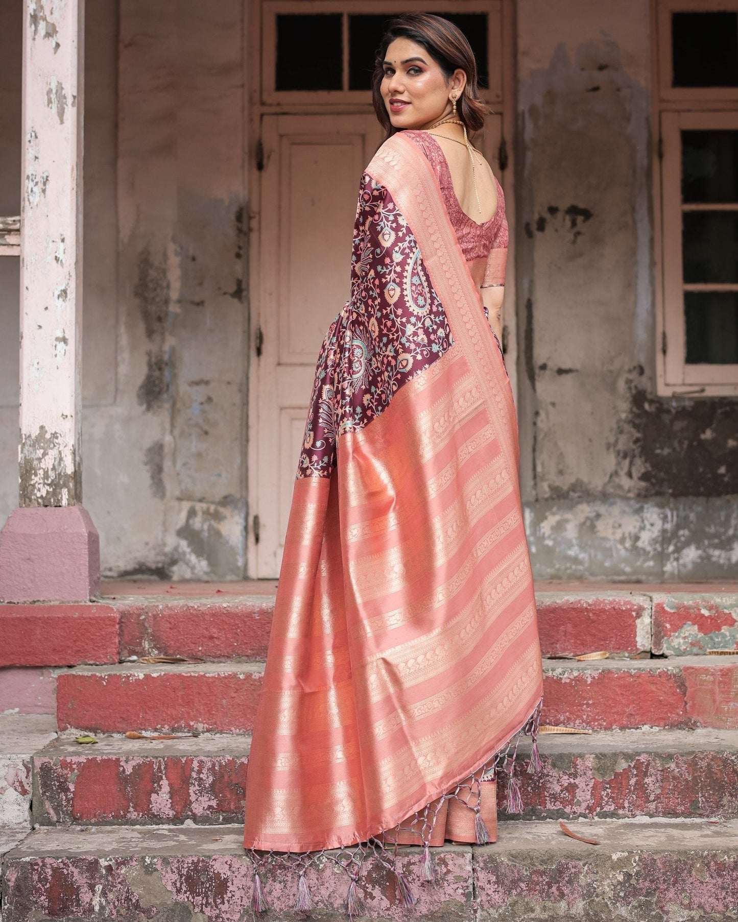 Pure Banarasi Digitally Printed Silk Saree Weaved With Zari Comes With Tassels - Almaari Fashion