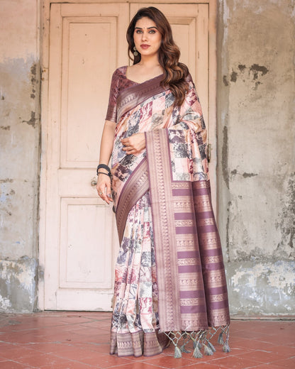 Pure Banarasi Digitally Printed Silk Saree Weaved With Zari Comes With Tassels. - Almaari Fashion