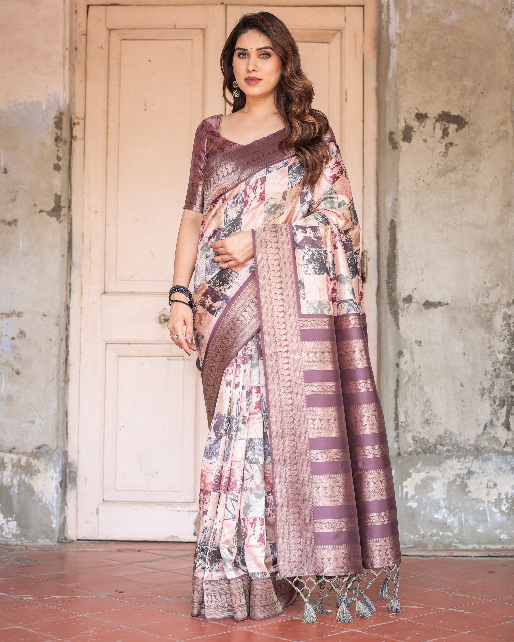 Pure Banarasi Digitally Printed Silk Saree Weaved With Zari Comes With Tassels. - Almaari Fashion