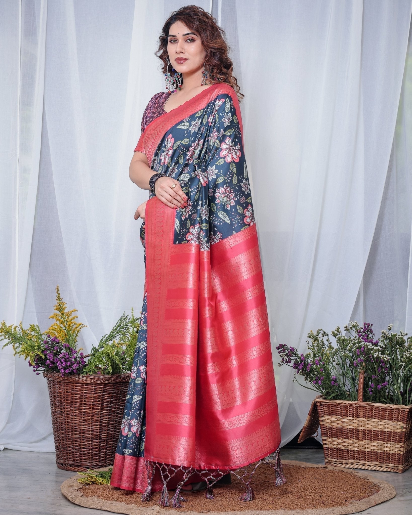 Pure Banarasi Digitally Printed Silk Saree Weaved With Zari Comes With Tassels. - Almaari Fashion