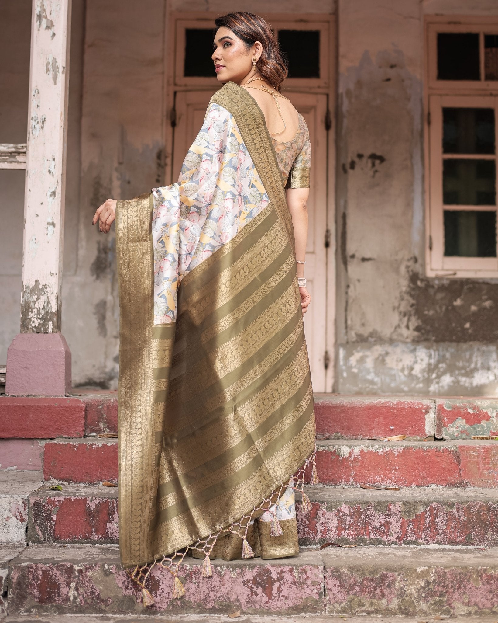 Pure Banarasi Digitally Printed Silk Saree Weaved With Zari Comes With Tassels - Almaari Fashion