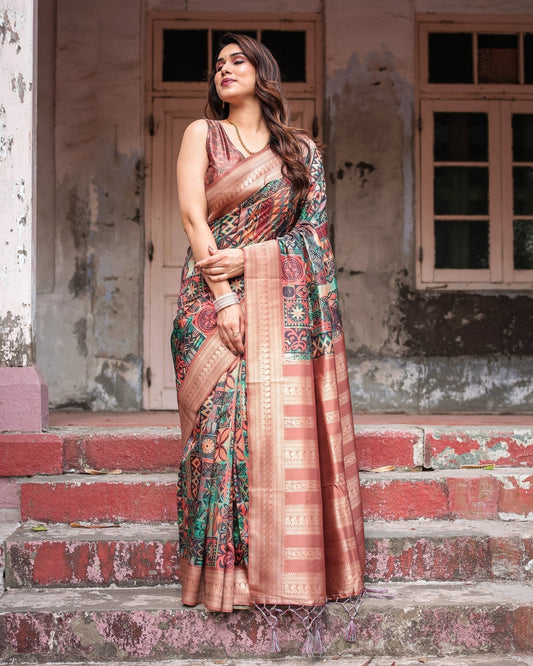 Pure Banarasi Digitally Printed Silk Saree Weaved With Zari Comes With Tassels - Almaari Fashion