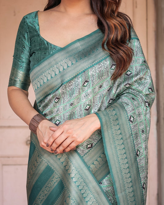 Pure Banarasi Digitally Printed Silk Saree Weaved With Zari Comes With Tassels. - Almaari Fashion