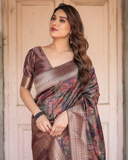 Pure Banarasi Digitally Printed Silk Saree Weaved With Zari Comes With Tassels. - Almaari Fashion