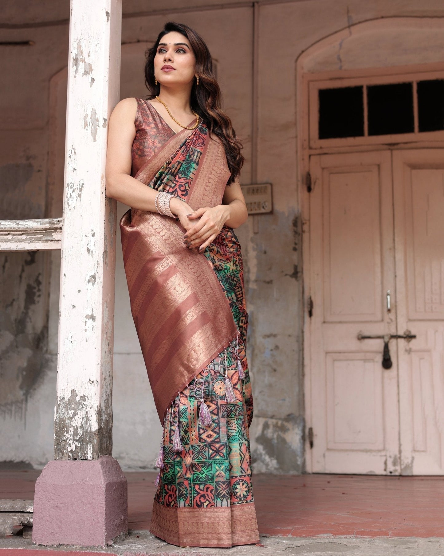 Pure Banarasi Digitally Printed Silk Saree Weaved With Zari Comes With Tassels - Almaari Fashion