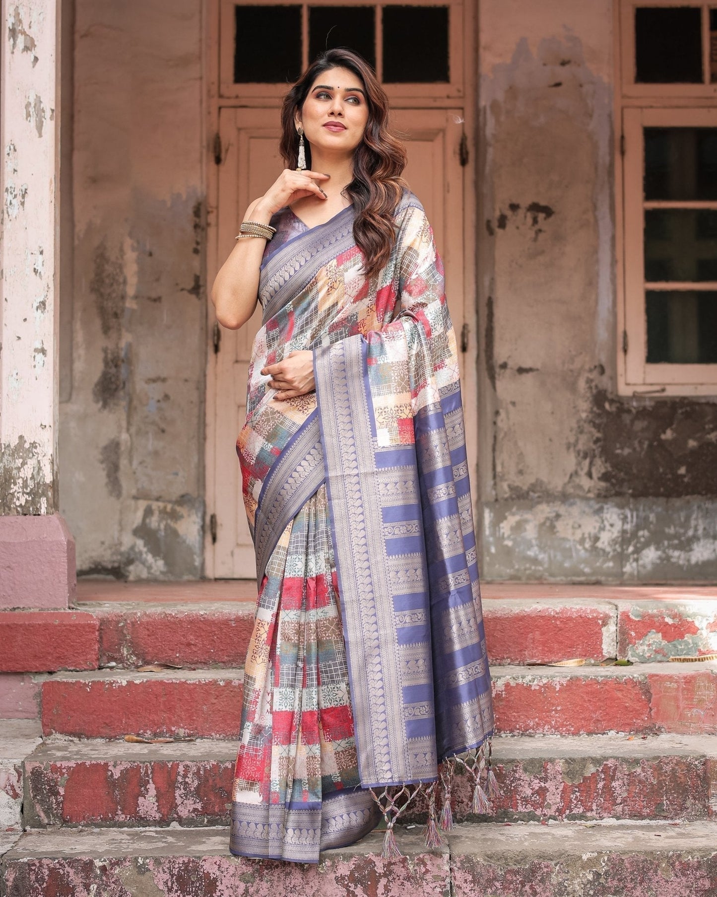 Pure Banarasi Digitally Printed Silk Saree Weaved With Zari Comes With Tassels - Almaari Fashion