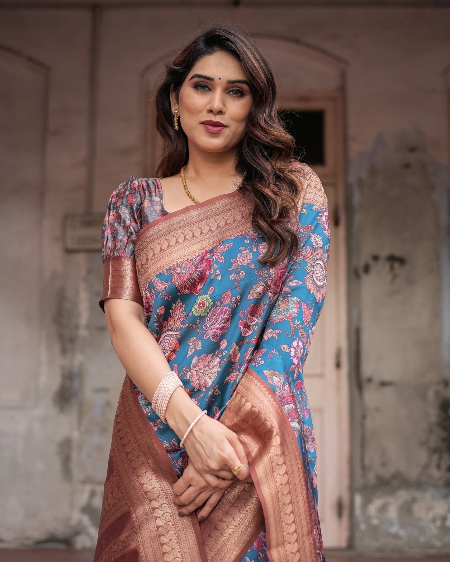 Pure Banarasi Digitally Printed Silk Saree Weaved With Zari Comes With Tassels - Almaari Fashion