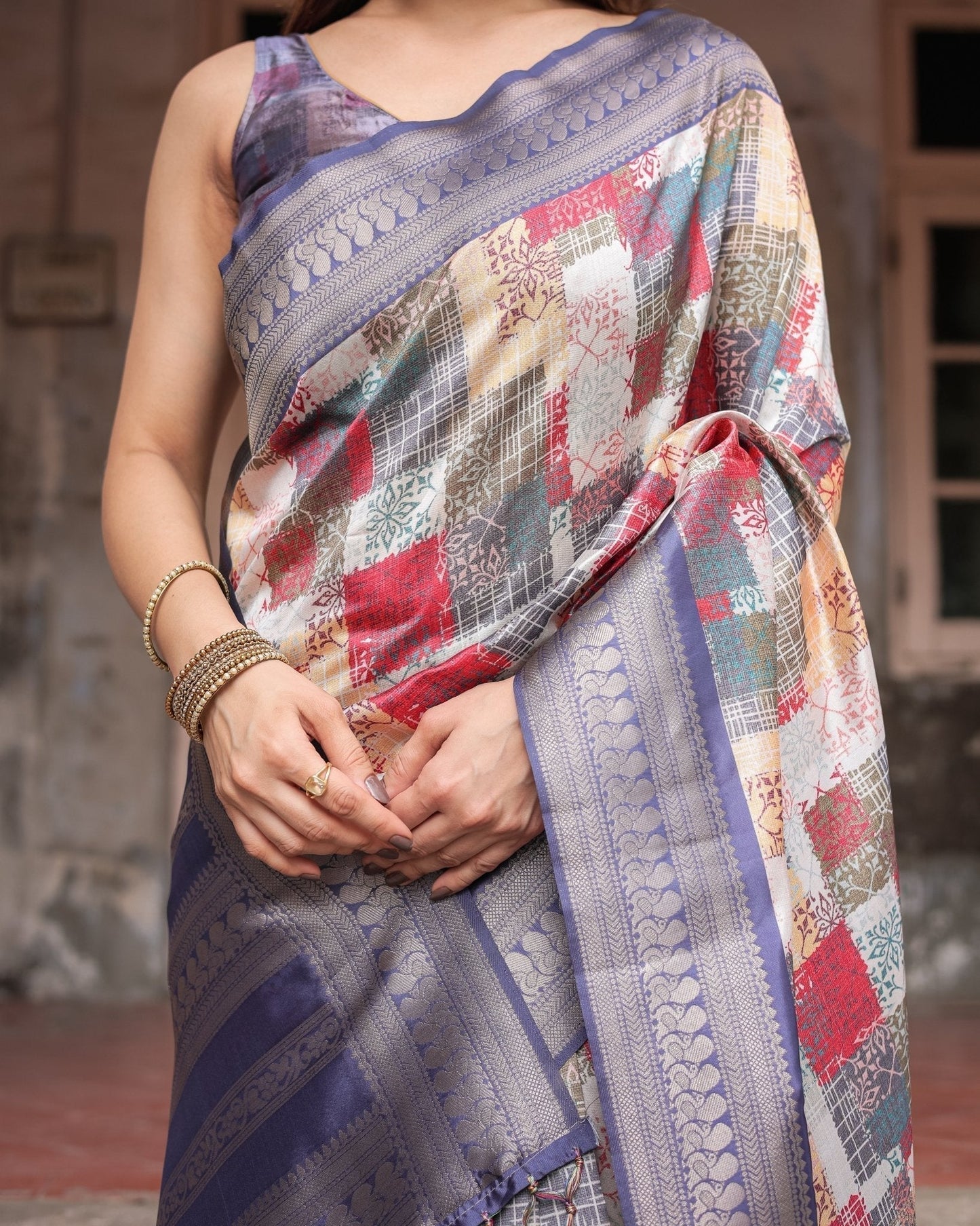 Pure Banarasi Digitally Printed Silk Saree Weaved With Zari Comes With Tassels - Almaari Fashion