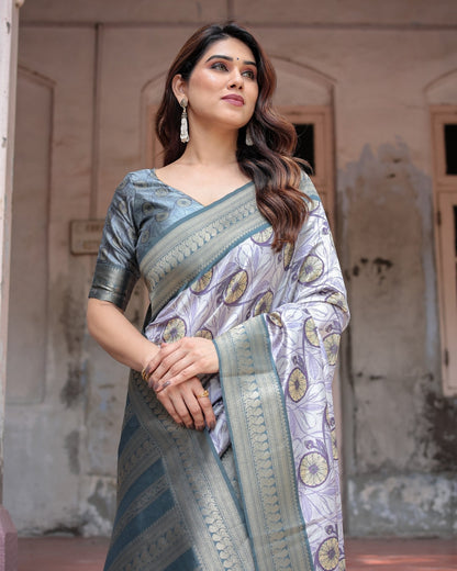 Pure Banarasi Digitally Printed Silk Saree Weaved With Zari Comes With Tassels - Almaari Fashion