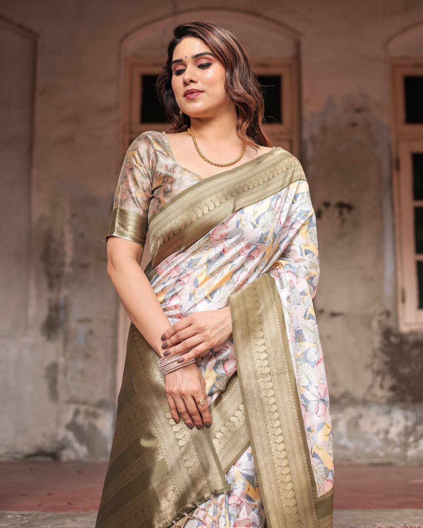 Pure Banarasi Digitally Printed Silk Saree Weaved With Zari Comes With Tassels - Almaari Fashion