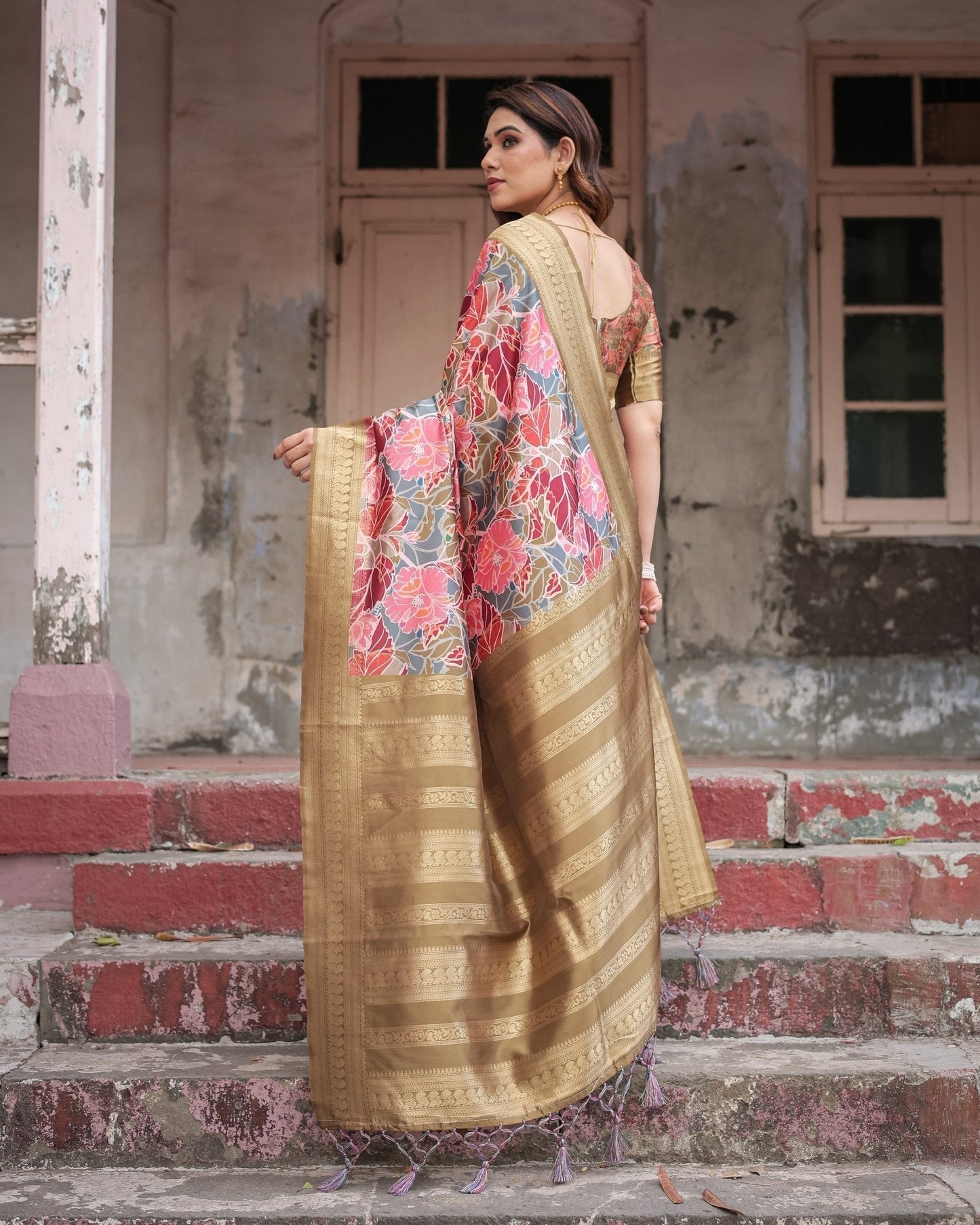 Pure Banarasi Digitally Printed Silk Saree Weaved With Zari Comes With Tassels - Almaari Fashion