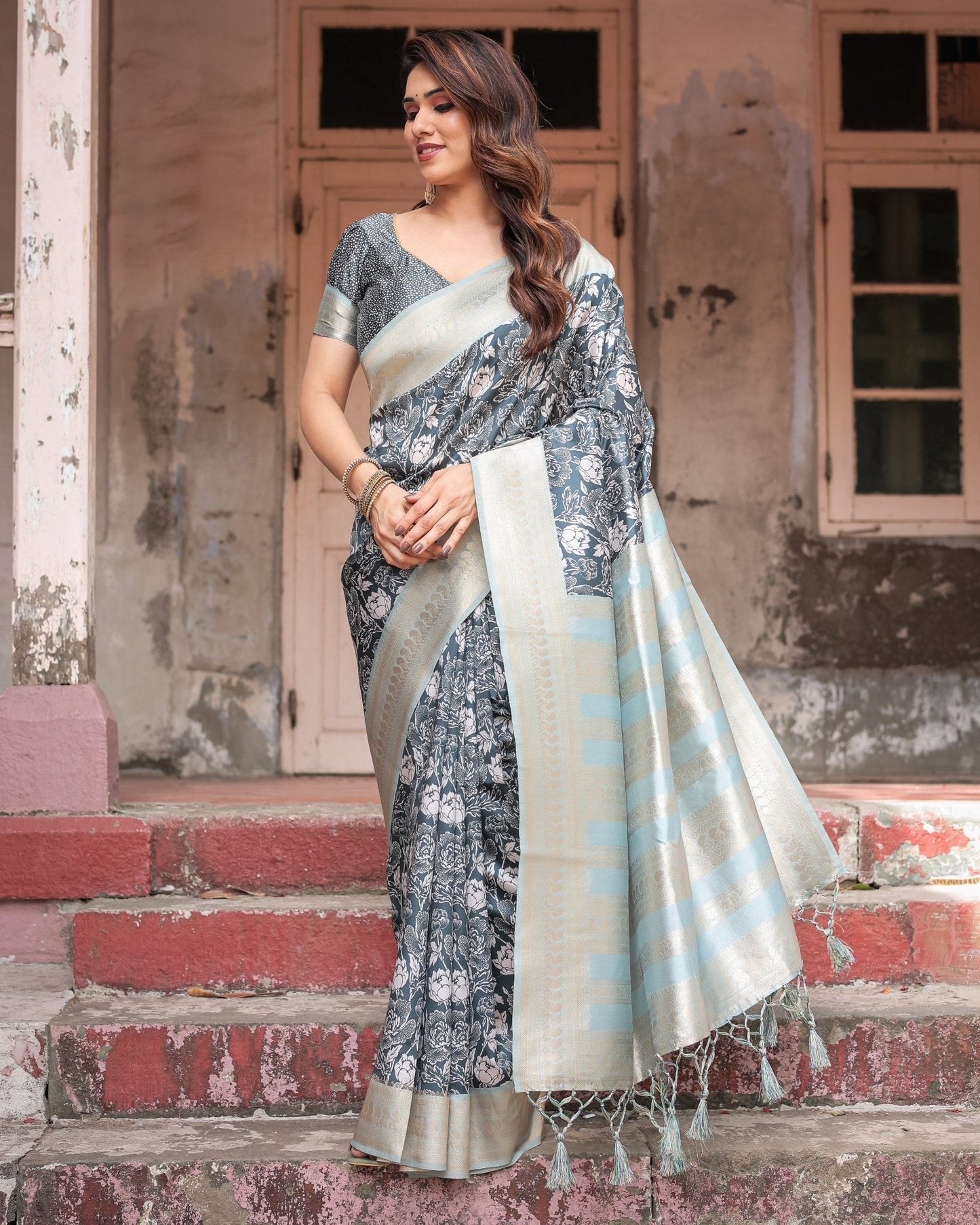 Pure Banarasi Digitally Printed Silk Saree Weaved With Zari Comes With Tassels - Almaari Fashion