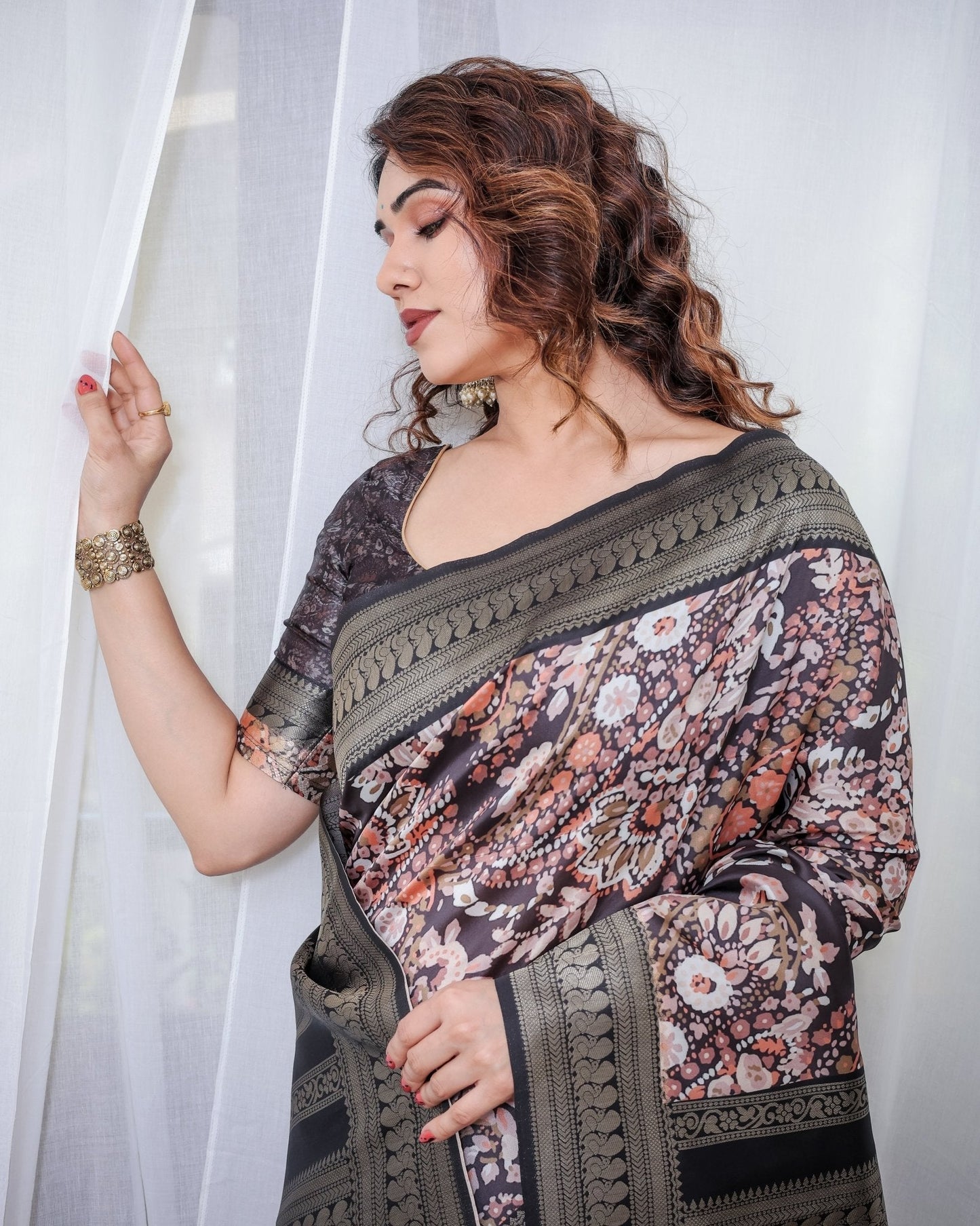 Pure Banarasi Digitally Printed Silk Saree Weaved With Zari Comes With Tassels. - Almaari Fashion