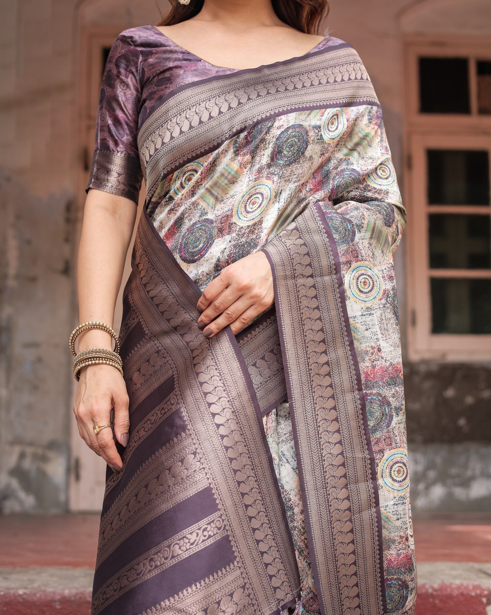 Pure Banarasi Digitally Printed Silk Saree Weaved With Zari Comes With Tassels - Almaari Fashion