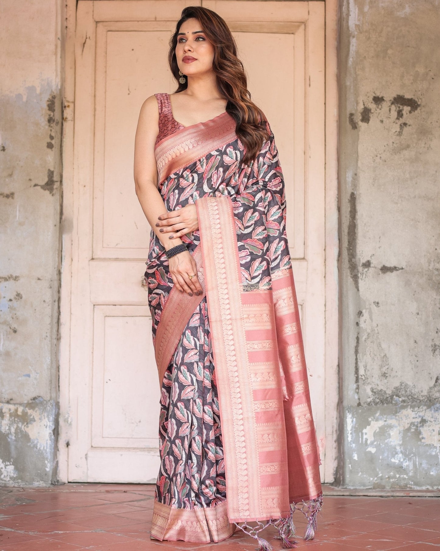 Pure Banarasi Digitally Printed Silk Saree Weaved With Zari Comes With Tassels. - Almaari Fashion