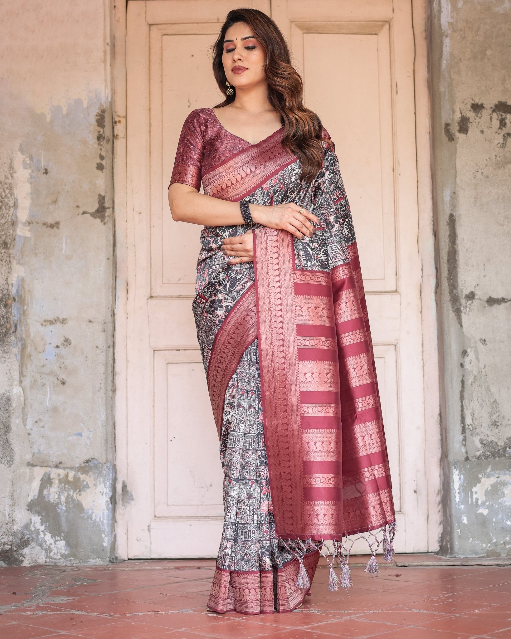 Pure Banarasi Digitally Printed Silk Saree Weaved With Zari Comes With Tassels. - Almaari Fashion