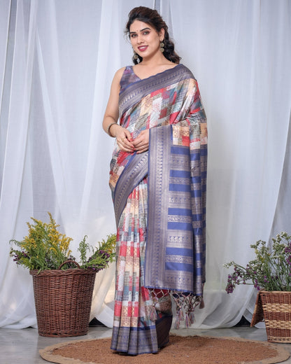 Pure Banarasi Digitally Printed Silk Saree Weaved With Zari Comes With Tassels. - Almaari Fashion