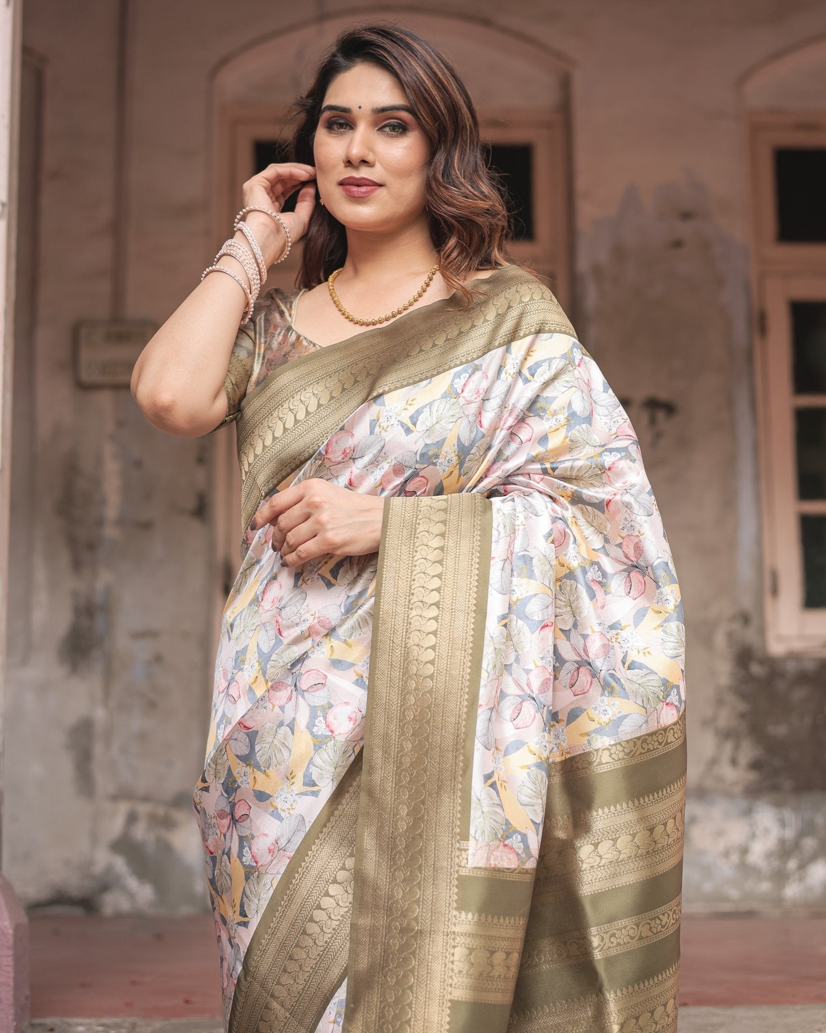 Pure Banarasi Digitally Printed Silk Saree Weaved With Zari Comes With Tassels - Almaari Fashion