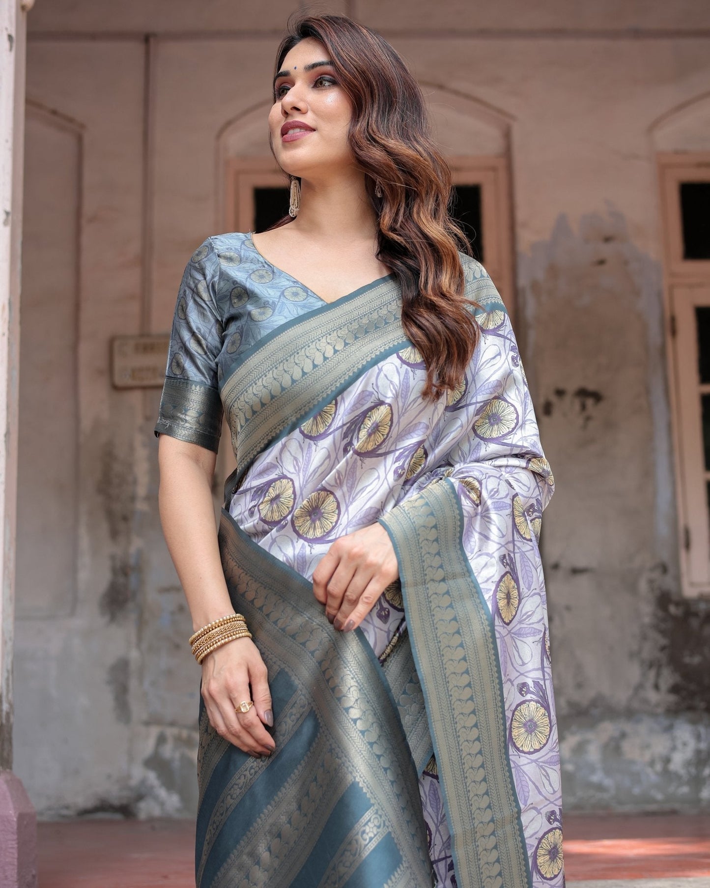 Pure Banarasi Digitally Printed Silk Saree Weaved With Zari Comes With Tassels - Almaari Fashion