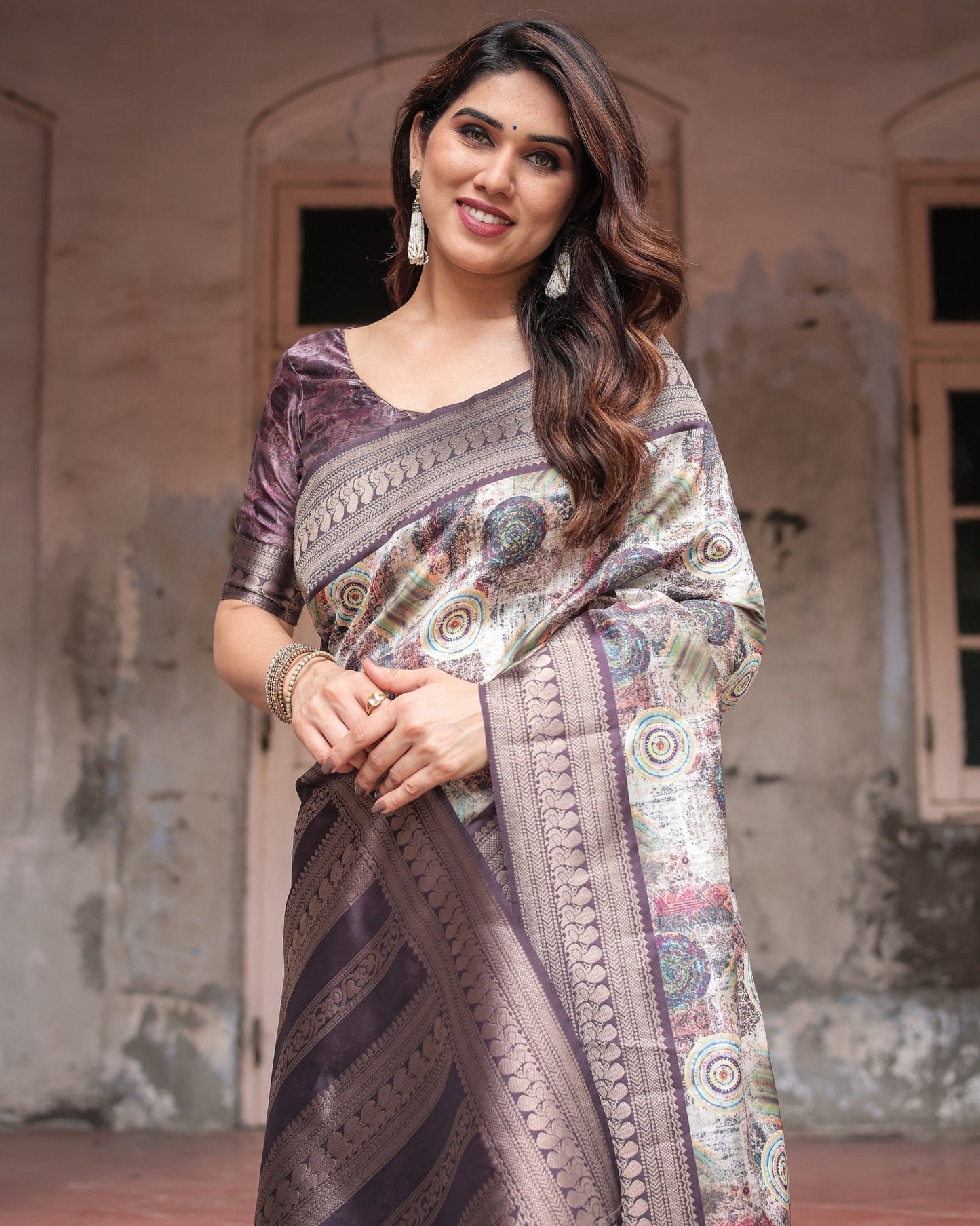 Pure Banarasi Digitally Printed Silk Saree Weaved With Zari Comes With Tassels - Almaari Fashion