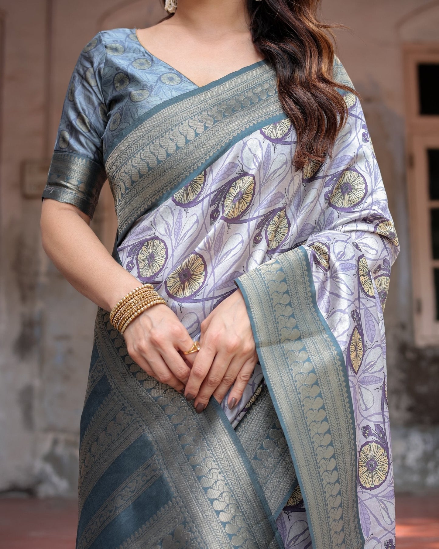 Pure Banarasi Digitally Printed Silk Saree Weaved With Zari Comes With Tassels - Almaari Fashion