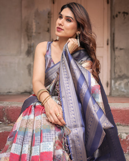 Pure Banarasi Digitally Printed Silk Saree Weaved With Zari Comes With Tassels - Almaari Fashion