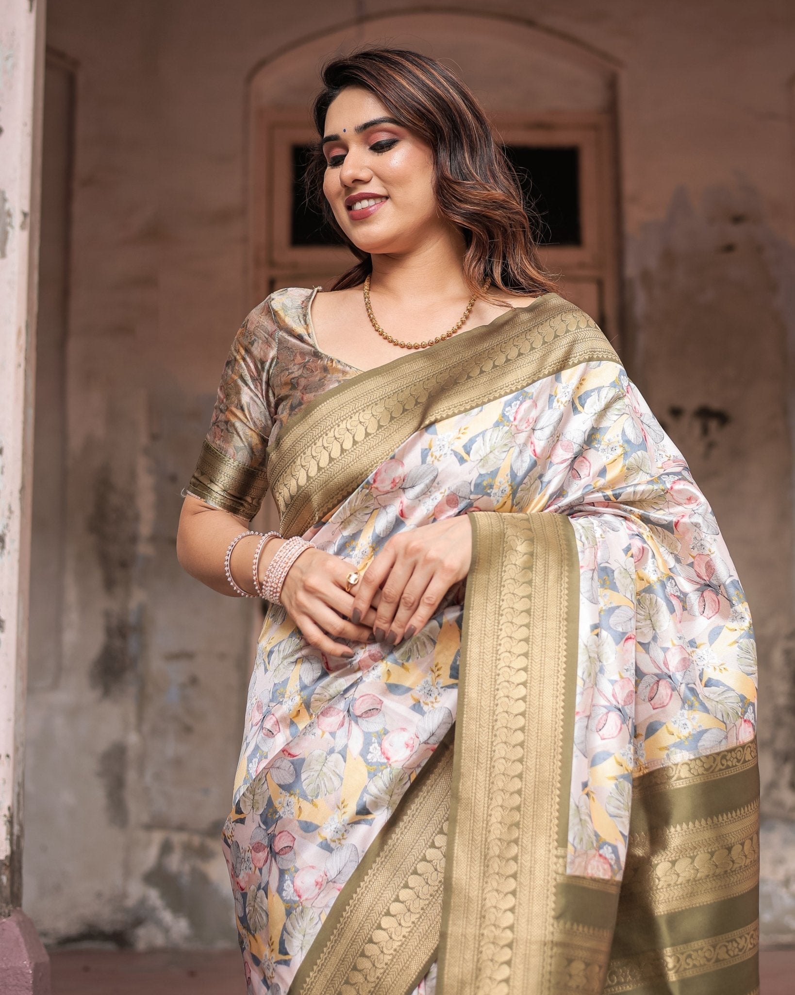 Pure Banarasi Digitally Printed Silk Saree Weaved With Zari Comes With Tassels - Almaari Fashion