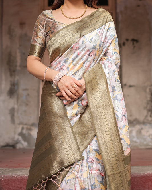 Pure Banarasi Digitally Printed Silk Saree Weaved With Zari Comes With Tassels - Almaari Fashion