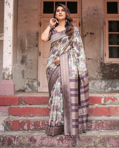 Pure Banarasi Digitally Printed Silk Saree Weaved With Zari Comes With Tassels - Almaari Fashion