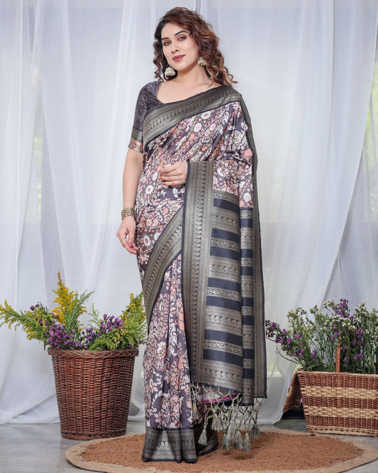 Pure Banarasi Digitally Printed Silk Saree Weaved With Zari Comes With Tassels. - Almaari Fashion