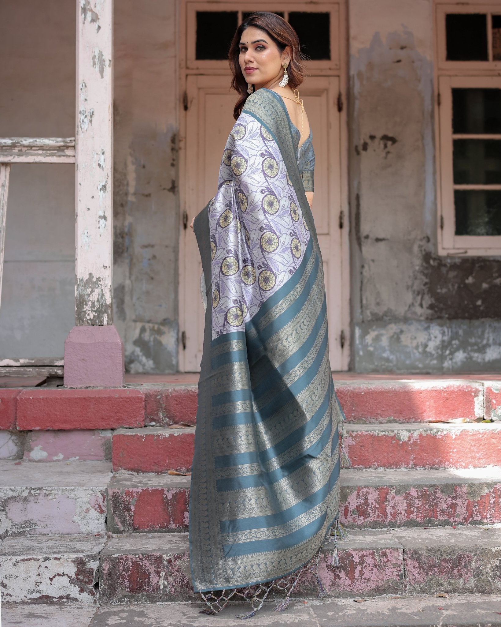 Pure Banarasi Digitally Printed Silk Saree Weaved With Zari Comes With Tassels - Almaari Fashion