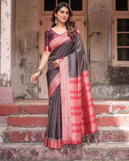 Pure Banarasi Digitally Printed Silk Saree Weaved With Zari Comes With Tassels - Almaari Fashion