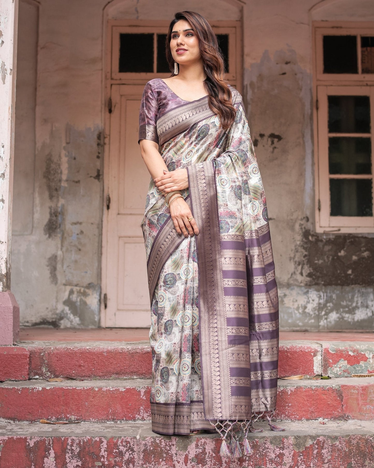 Pure Banarasi Digitally Printed Silk Saree Weaved With Zari Comes With Tassels - Almaari Fashion