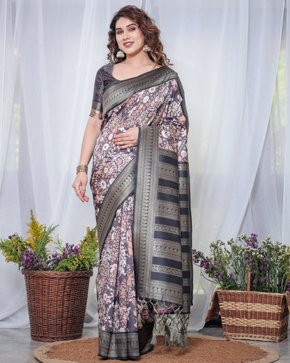 Pure Banarasi Digitally Printed Silk Saree Weaved With Zari Comes With Tassels. - Almaari Fashion