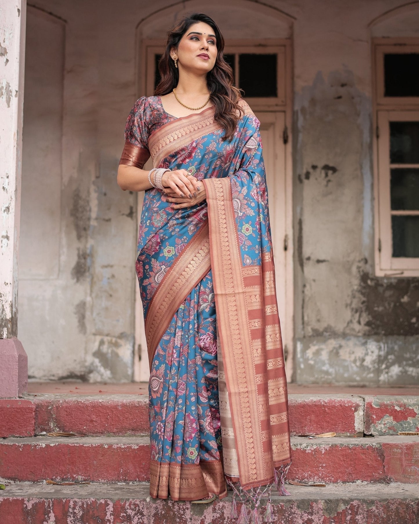 Pure Banarasi Digitally Printed Silk Saree Weaved With Zari Comes With Tassels - Almaari Fashion